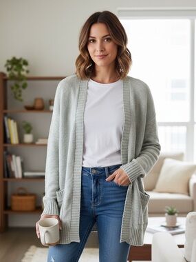Pink Rose Open-Front Light Blue Knit Cardigan with Pockets